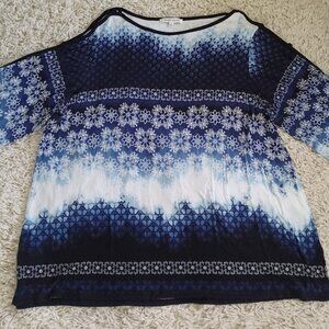 Rose + Olive Women’s 3X Blue White Boho Floral Ombre Top Cold Shoulder Blouse